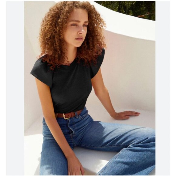 Nation LTD Tops - Nation LTD Lorna Shirt Womens XS Black Flutter Sleeve Pima Cotton Casual Top